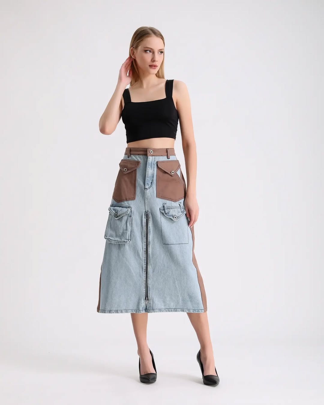 Fermuar Detaylı ve Çok Cepli Patchwork Denim Etek 7719 - Kot & Taba