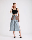 Fermuar Detaylı ve Çok Cepli Patchwork Denim Etek 7719 - Kot & Taba