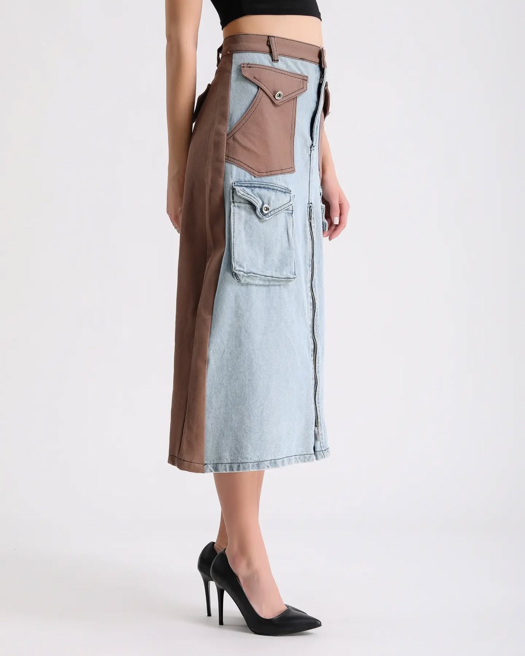 Fermuar Detaylı ve Çok Cepli Patchwork Denim Etek 7719 - Kot & Taba