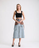 Fermuar Detaylı ve Çok Cepli Patchwork Denim Etek 7719 - Kot & Taba