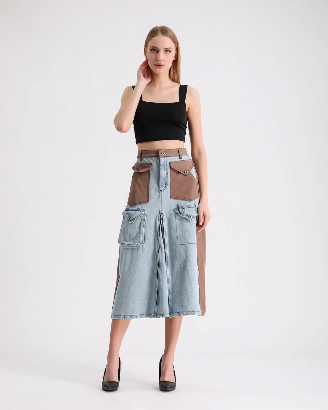 Fermuar Detaylı ve Çok Cepli Patchwork Denim Etek 7719 - Kot & Taba