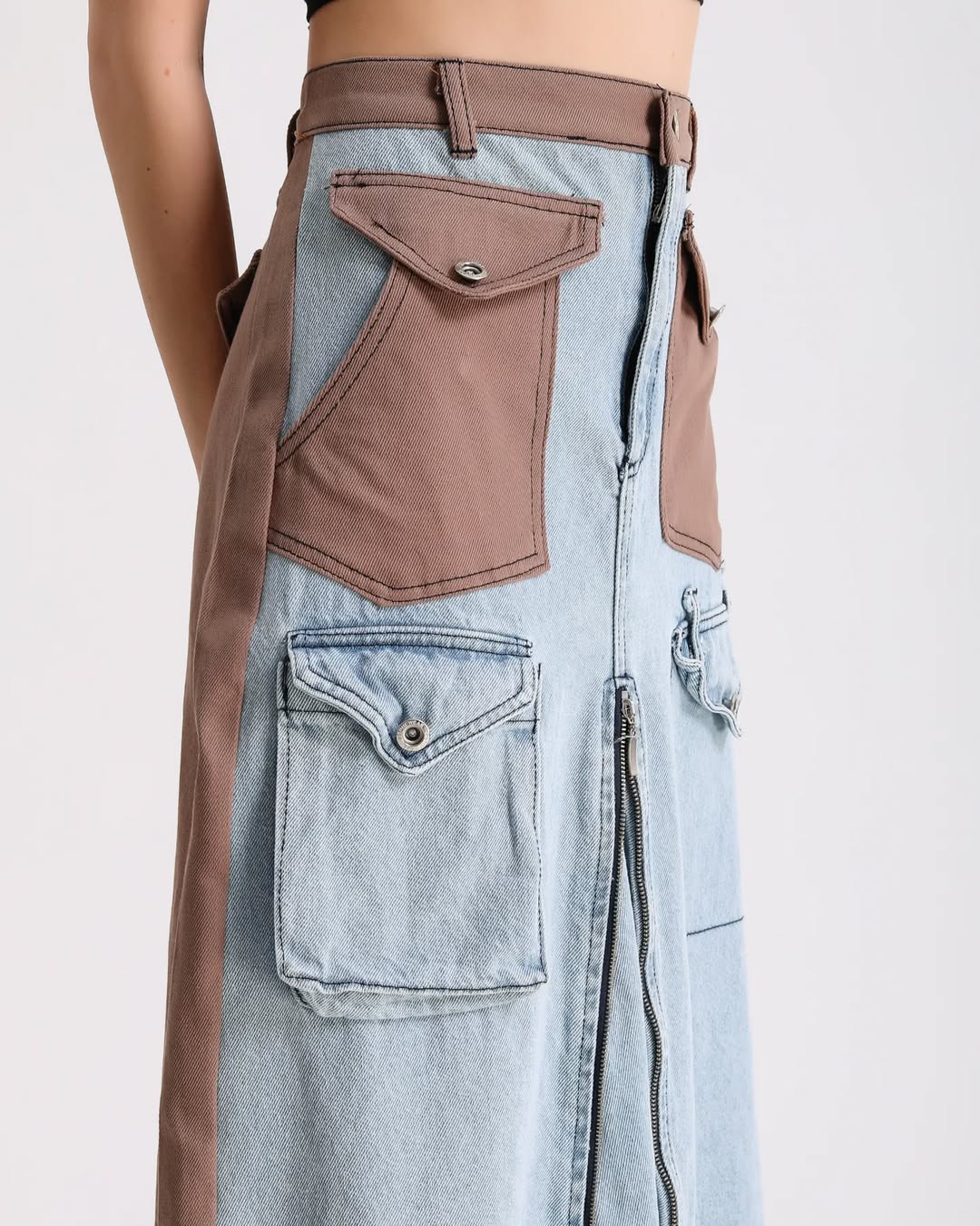 Fermuar Detaylı ve Çok Cepli Patchwork Denim Etek 7719 - Kot & Taba