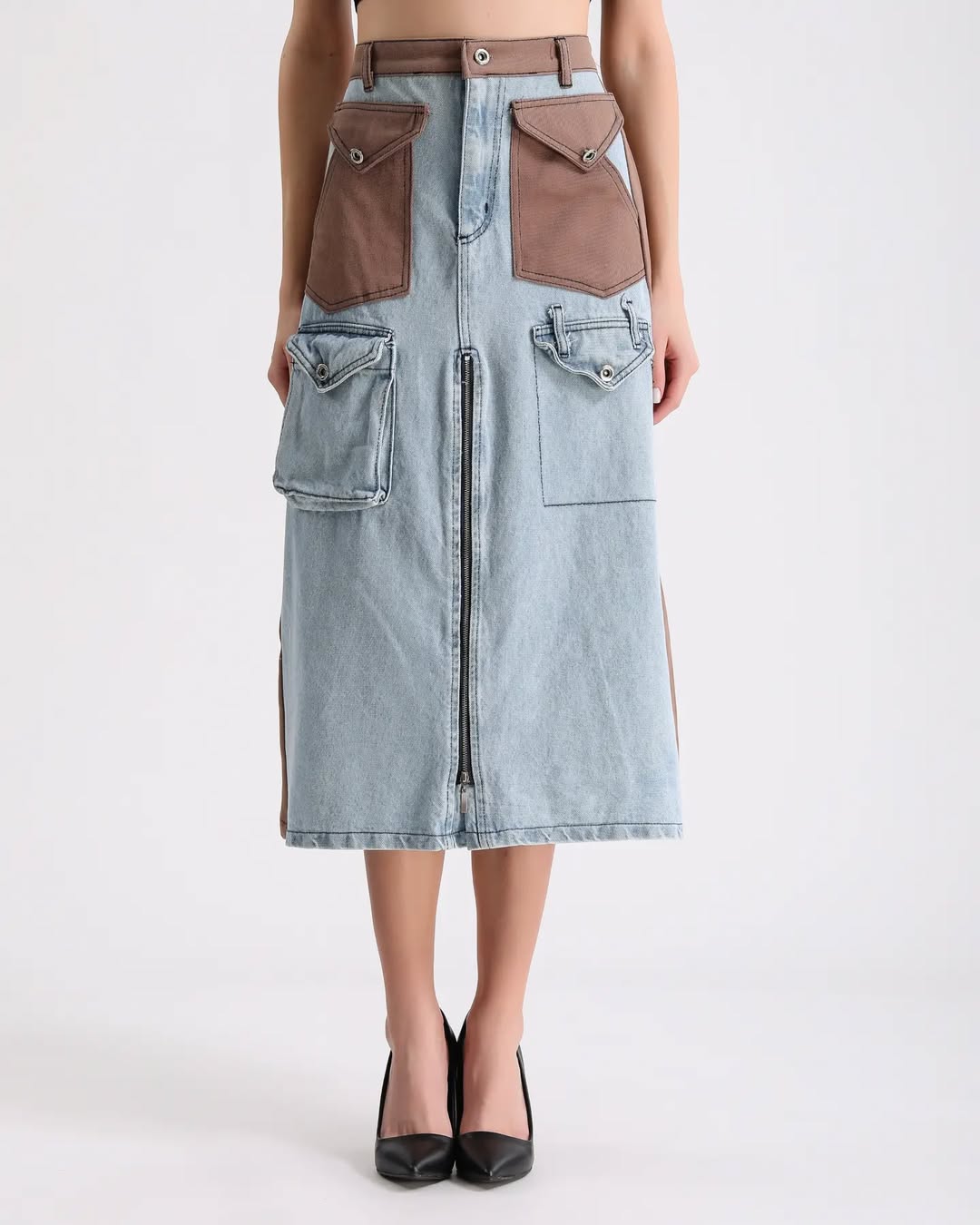 Fermuar Detaylı ve Çok Cepli Patchwork Denim Etek 7719 - Kot & Taba