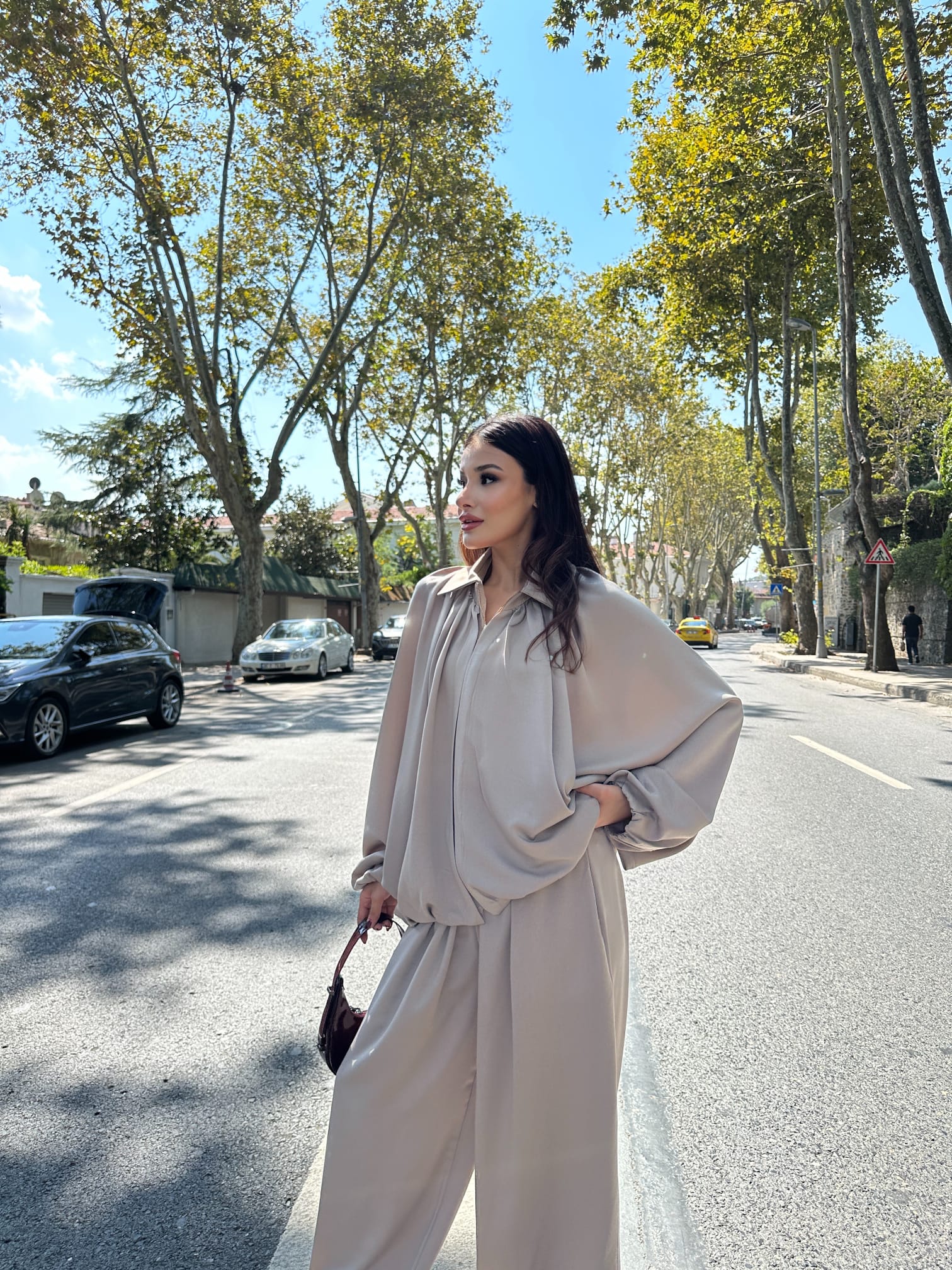 Saten Büzgülü Pileli Bumber Ceket Pantolon Takım 3015 - Bej