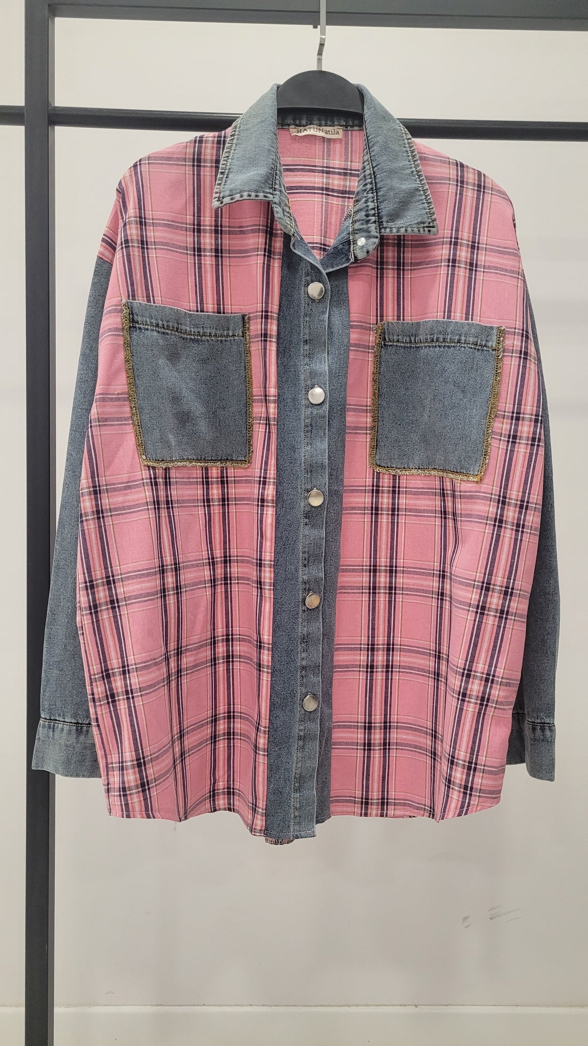 Kot Detaylı Ekoseli Gömlek 8619 - Pembe