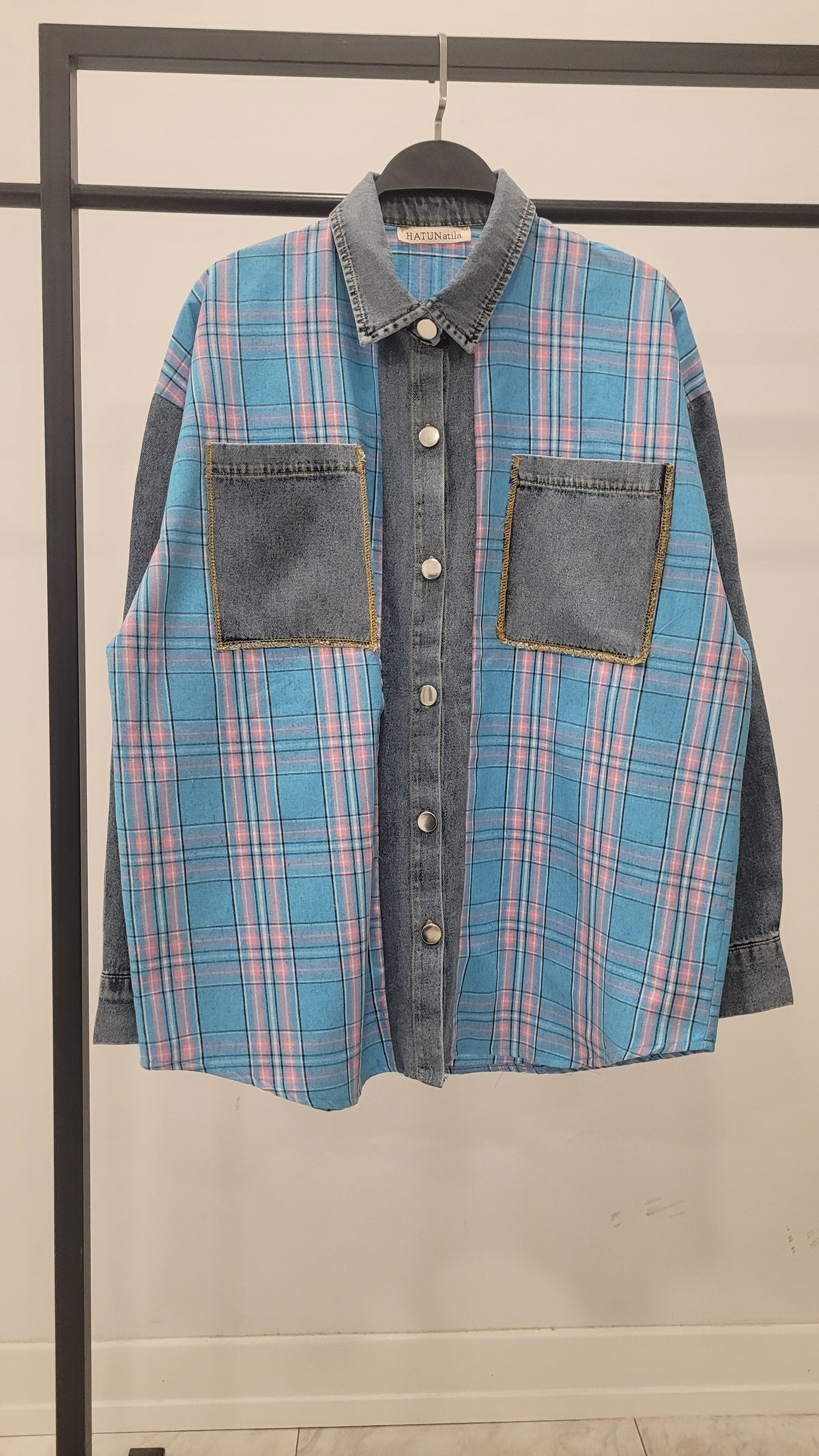 Kot Detaylı Ekoseli Gömlek 8619 - Mavi