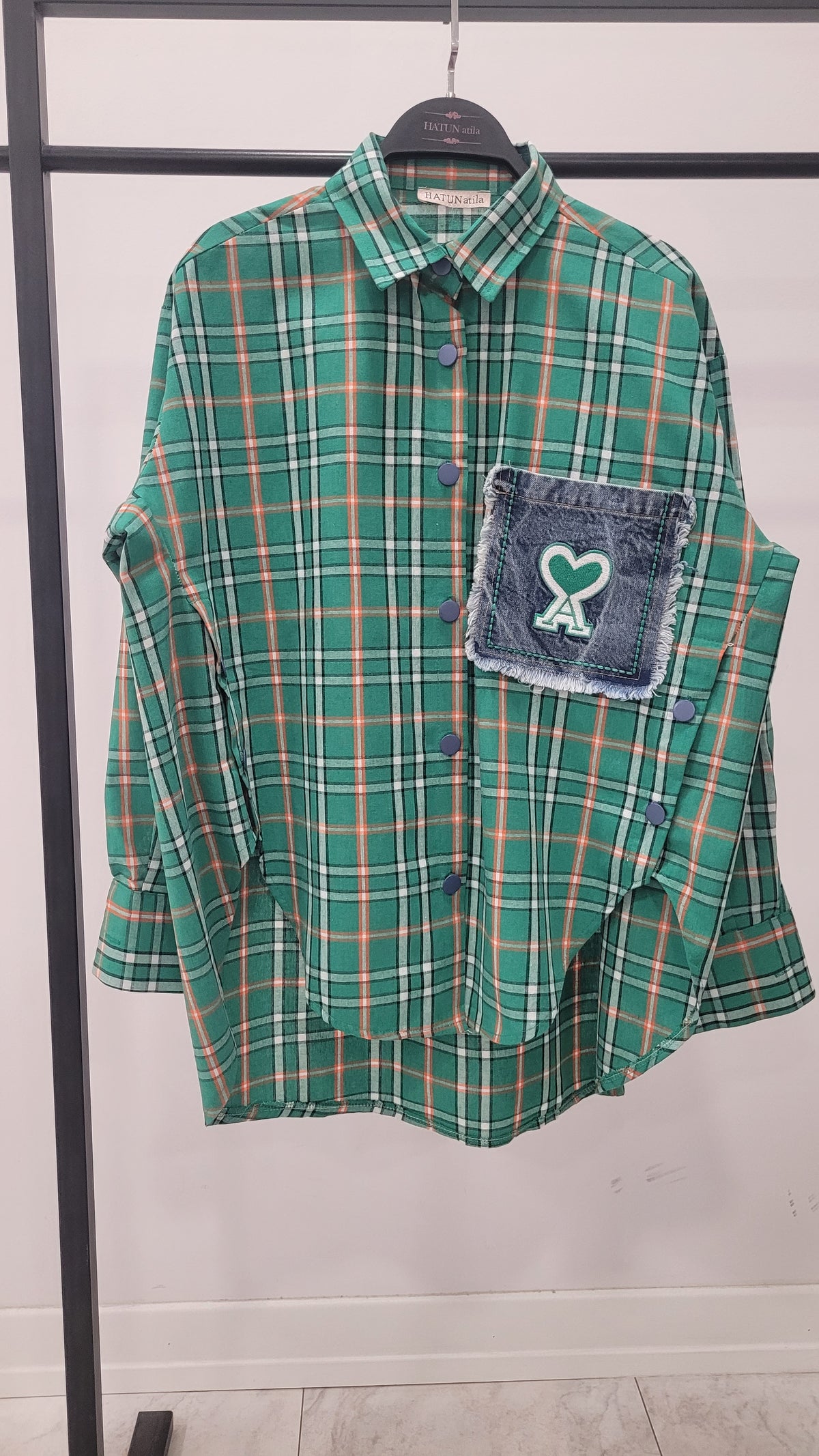 Denim Kalp Yamalı ve Düğme Detaylı Oversize Ekose Gömlek 8599 - Yeşil