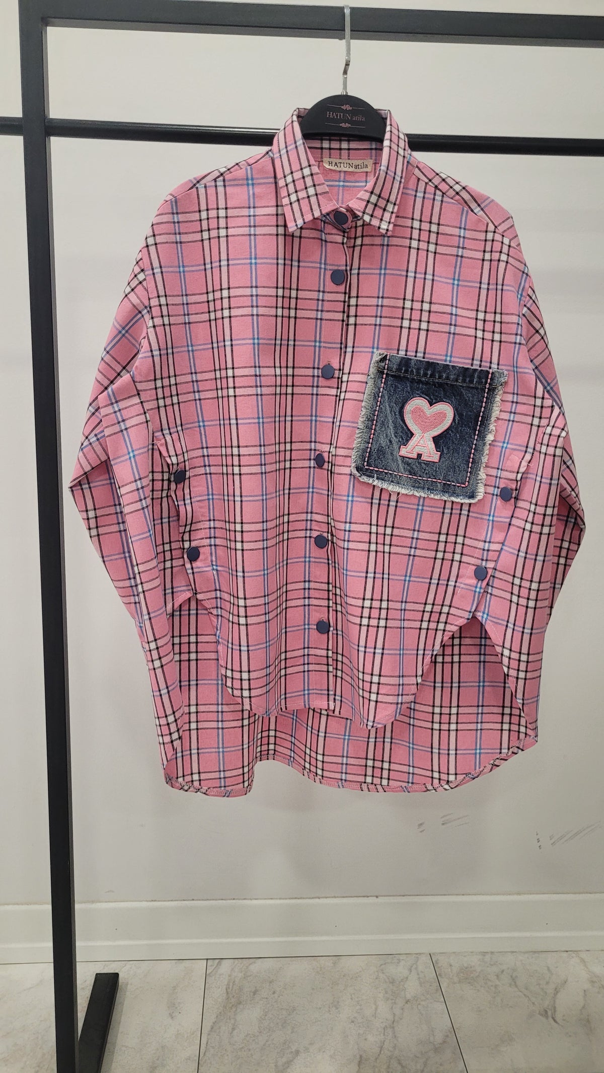 Denim Kalp Yamalı ve Düğme Detaylı Oversize Ekose Gömlek 8599 - Pembe