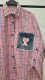 Denim Kalp Yamalı ve Düğme Detaylı Oversize Ekose Gömlek 8599 - Pembe