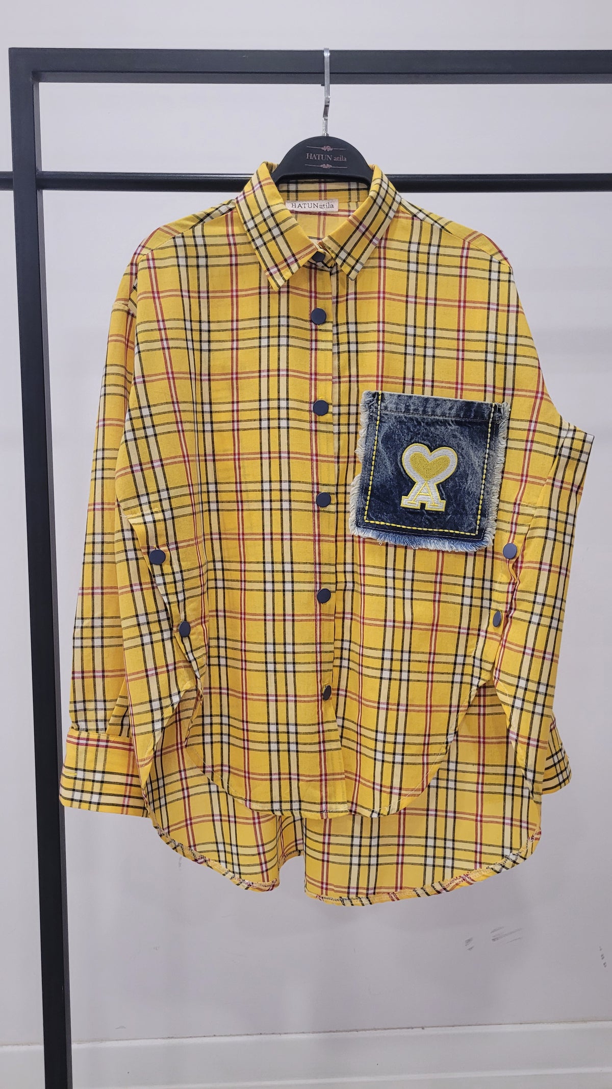 Denim Kalp Yamalı ve Düğme Detaylı Oversize Ekose Gömlek 8599 - Sarı