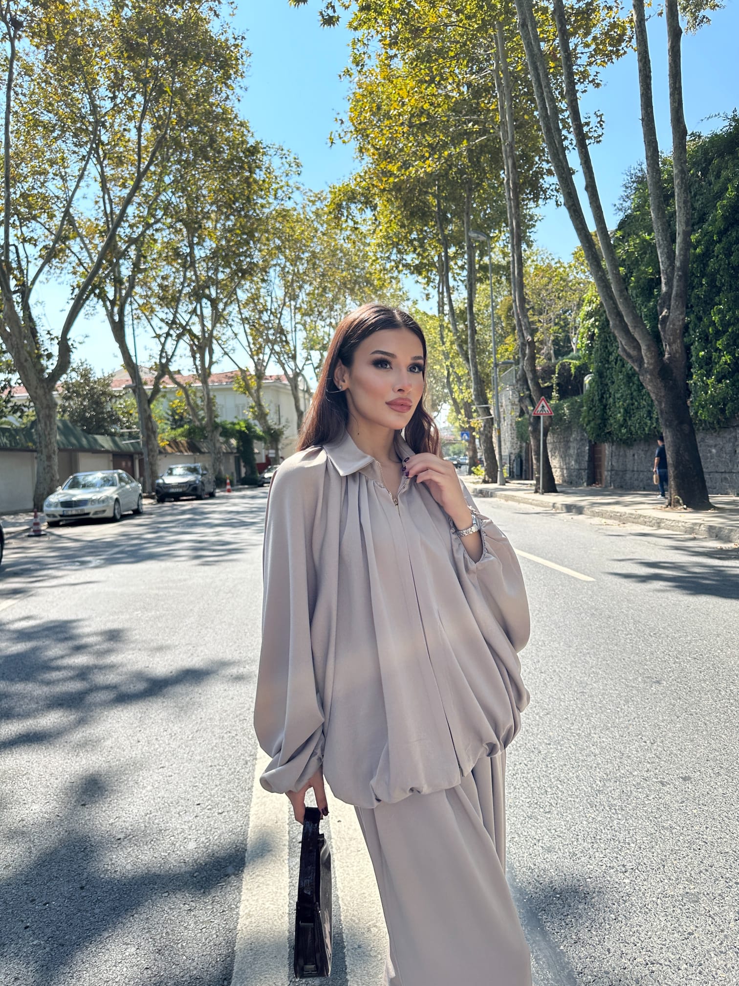 Saten Büzgülü Pileli Bumber Ceket Pantolon Takım 3015 - Bej