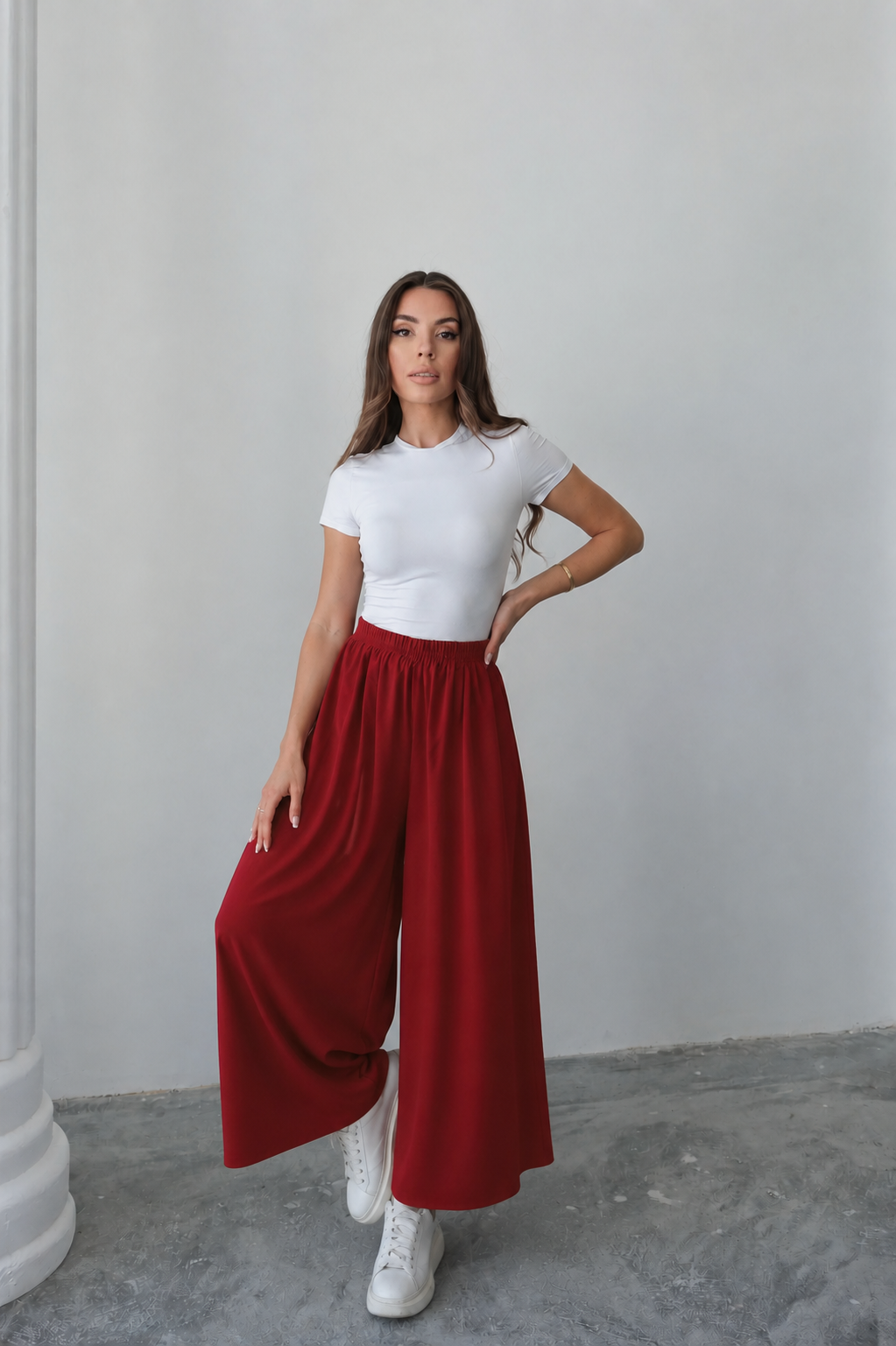 Beli Lastikli Geniş Kesim Kloş Double Krep Pantolon Etek 5187 - Kırmızı