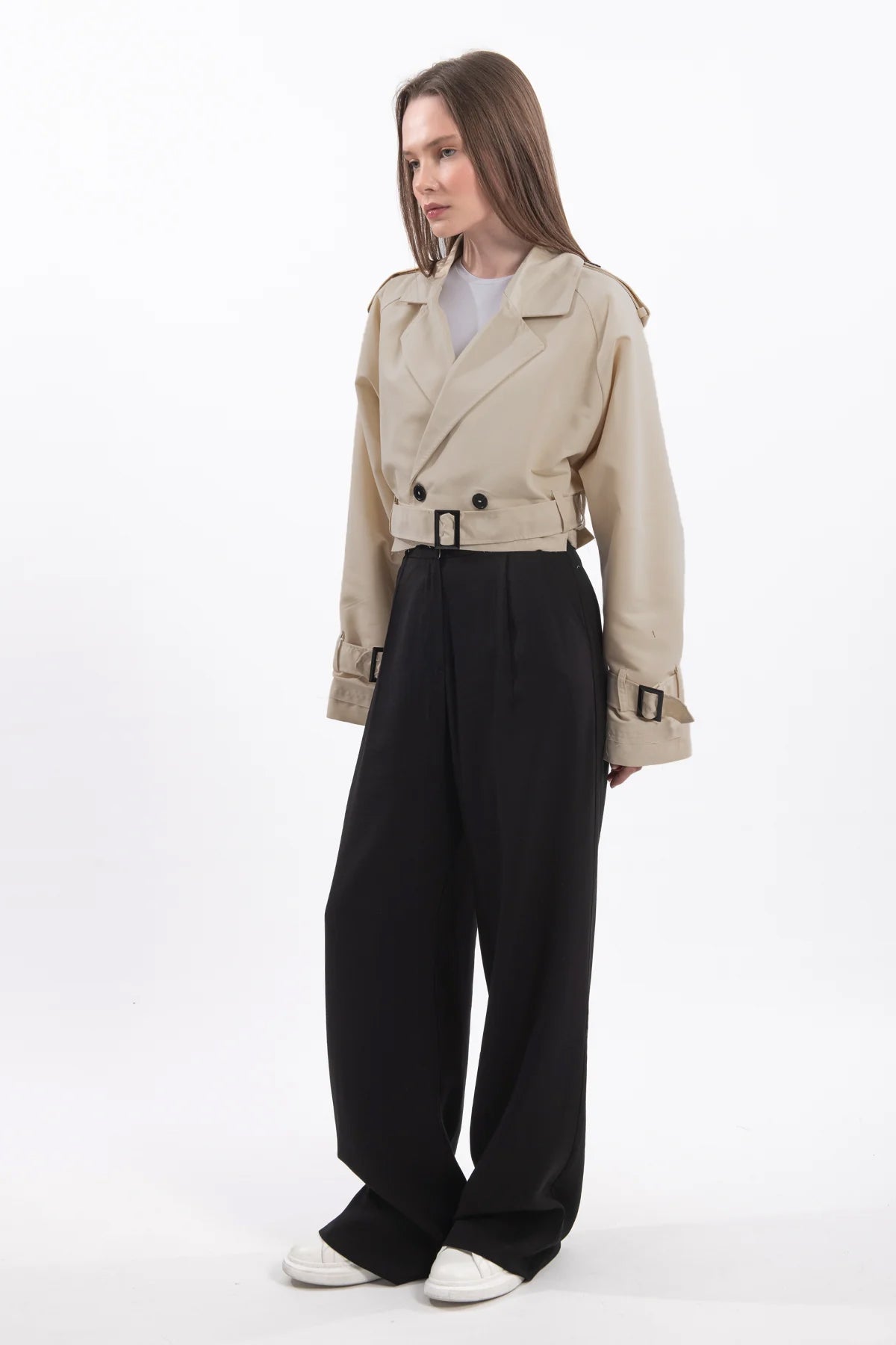 Oversize Kısa Kruvaze Kesim Kemerli Trençkot 7701 - Bej