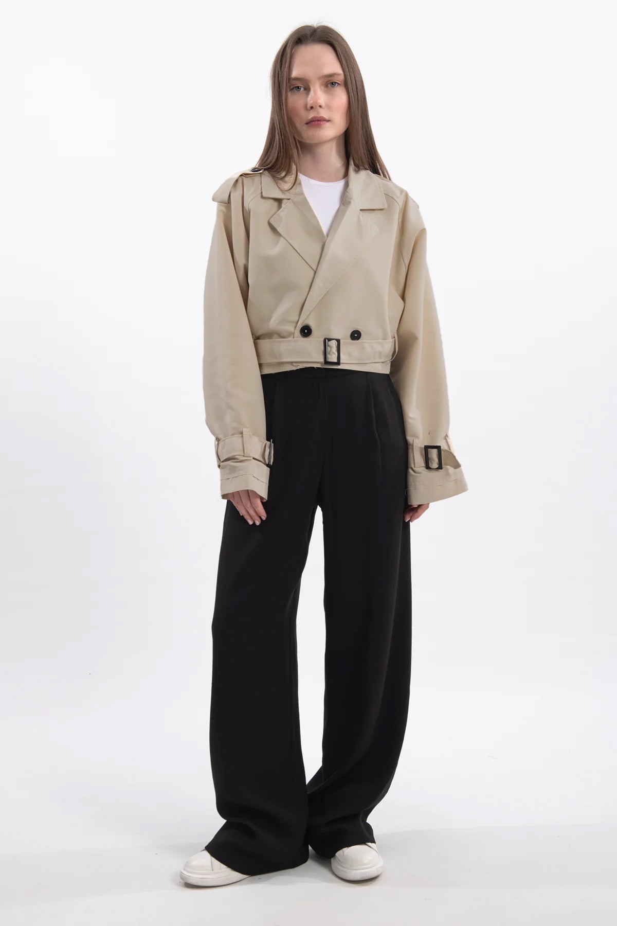Oversize Kısa Kruvaze Kesim Kemerli Trençkot 7701 - Bej