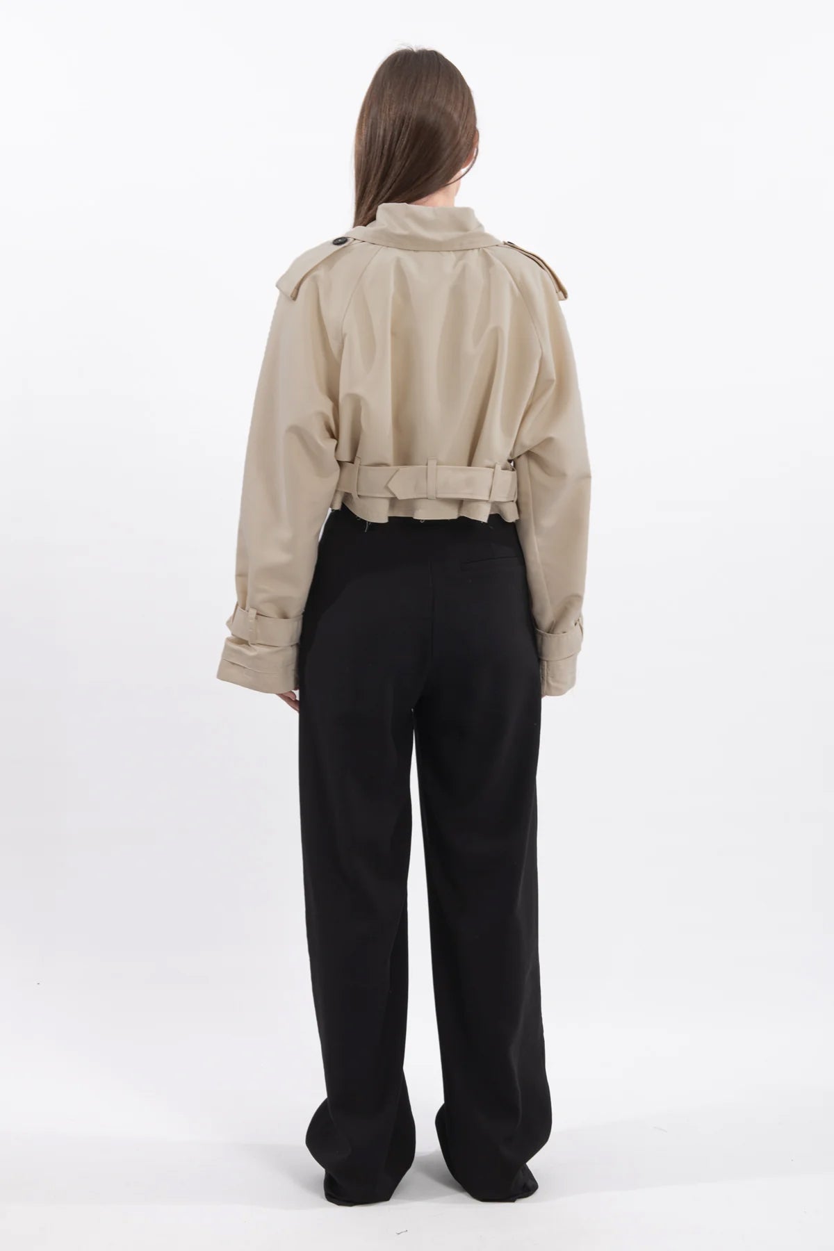 Oversize Kısa Kruvaze Kesim Kemerli Trençkot 7701 - Bej