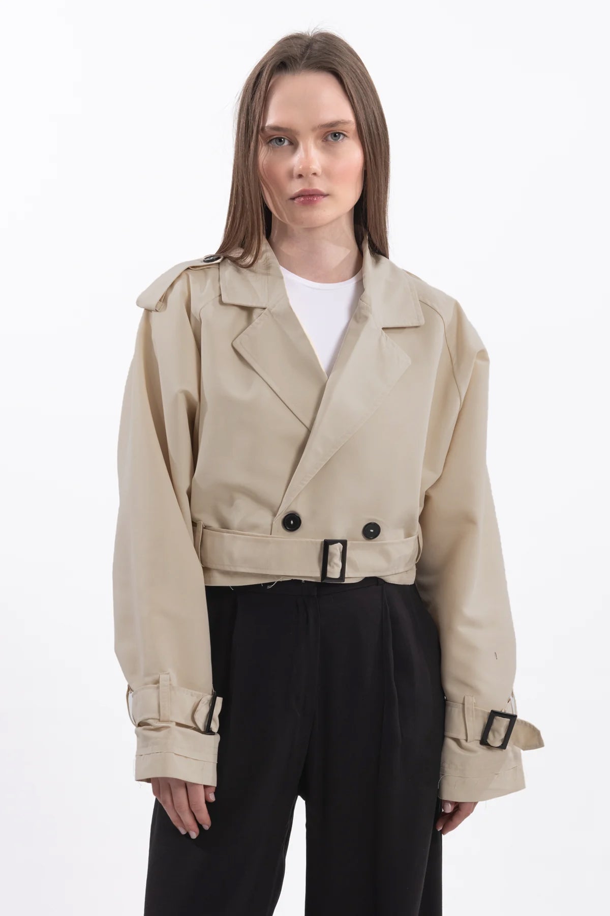 Oversize Kısa Kruvaze Kesim Kemerli Trençkot 7701 - Bej