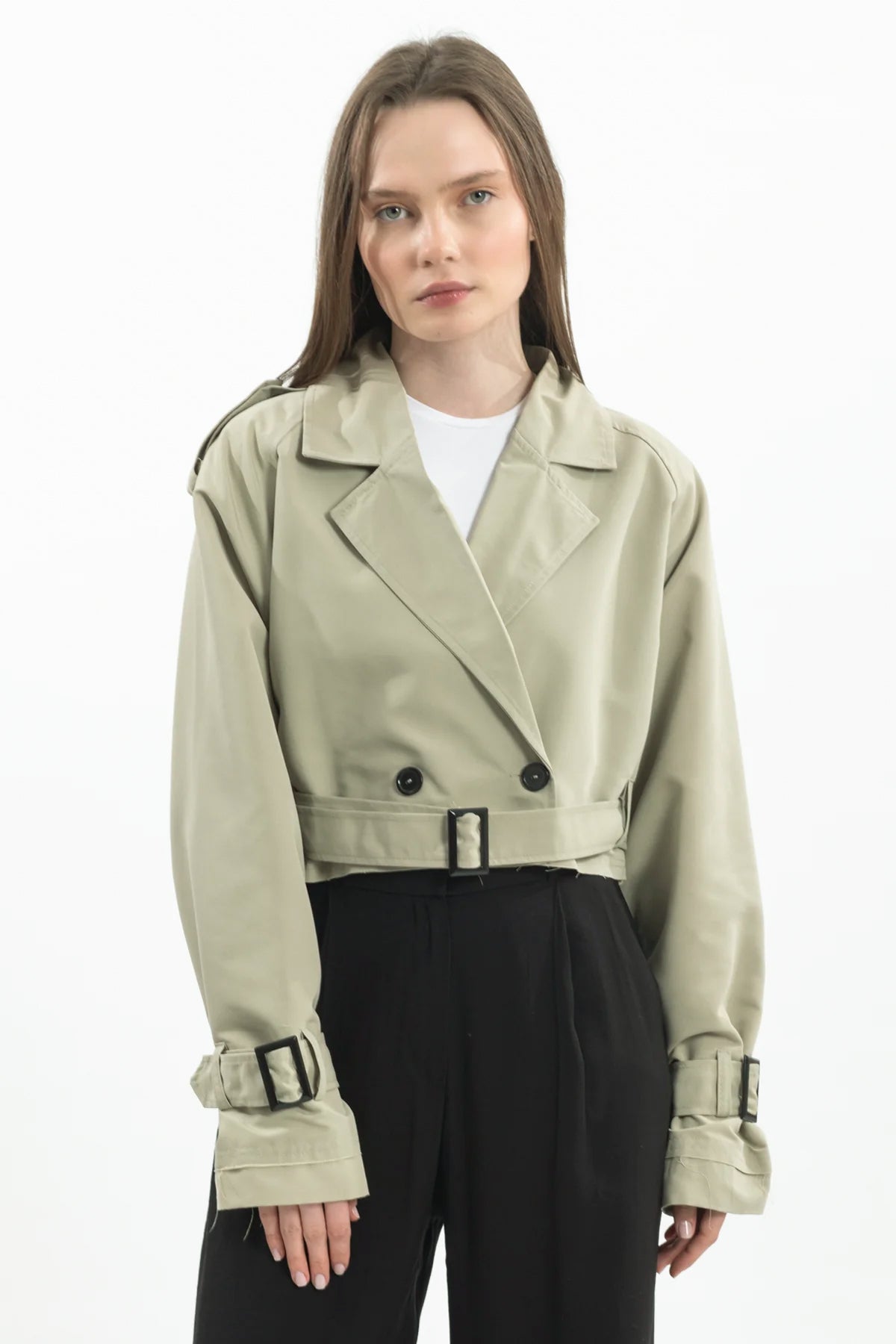 Oversize Kısa Kruvaze Kesim Kemerli Trençkot 7701 - Yeşil