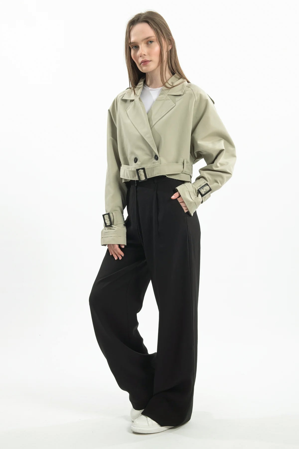 Oversize Kısa Kruvaze Kesim Kemerli Trençkot 7701 - Yeşil