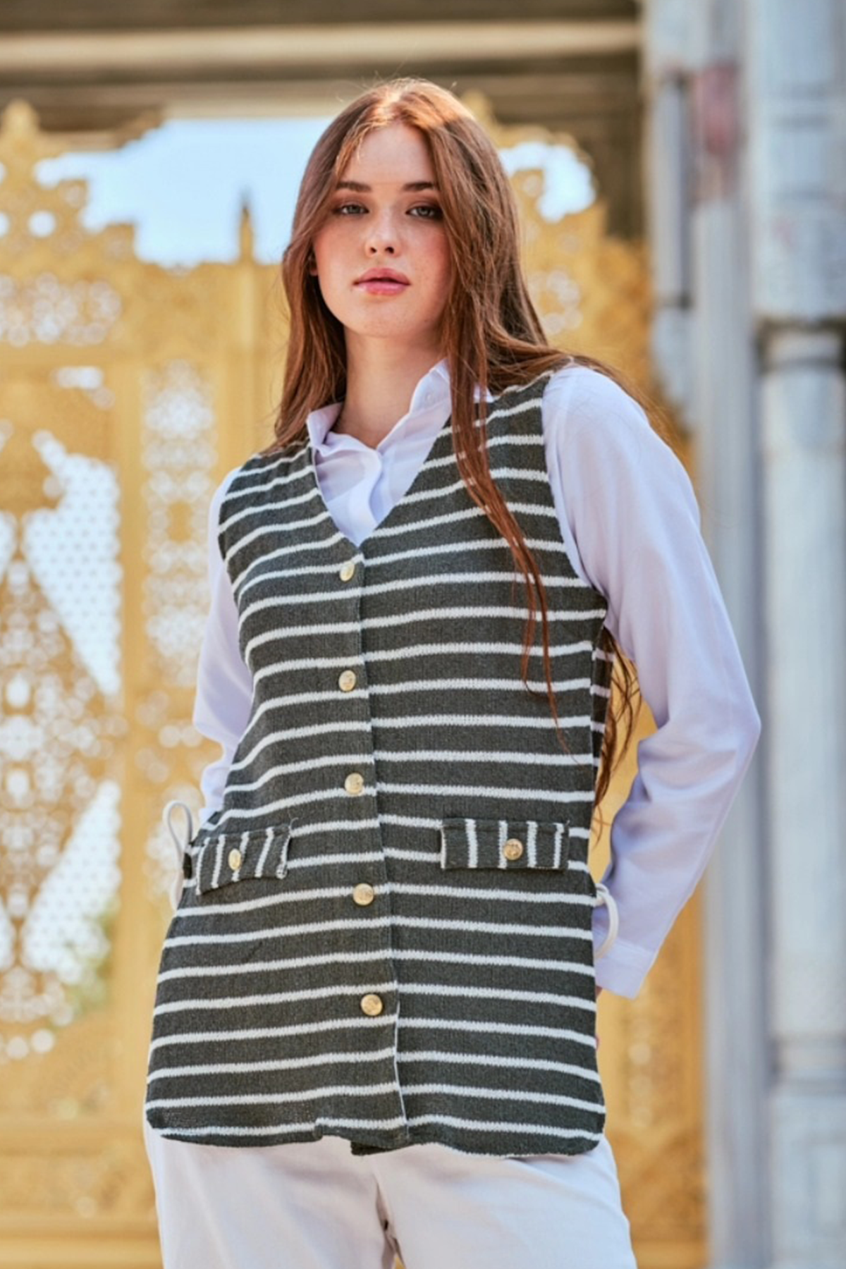 HatunAtila Çizgili Triko Yelek 7707 Yeşil