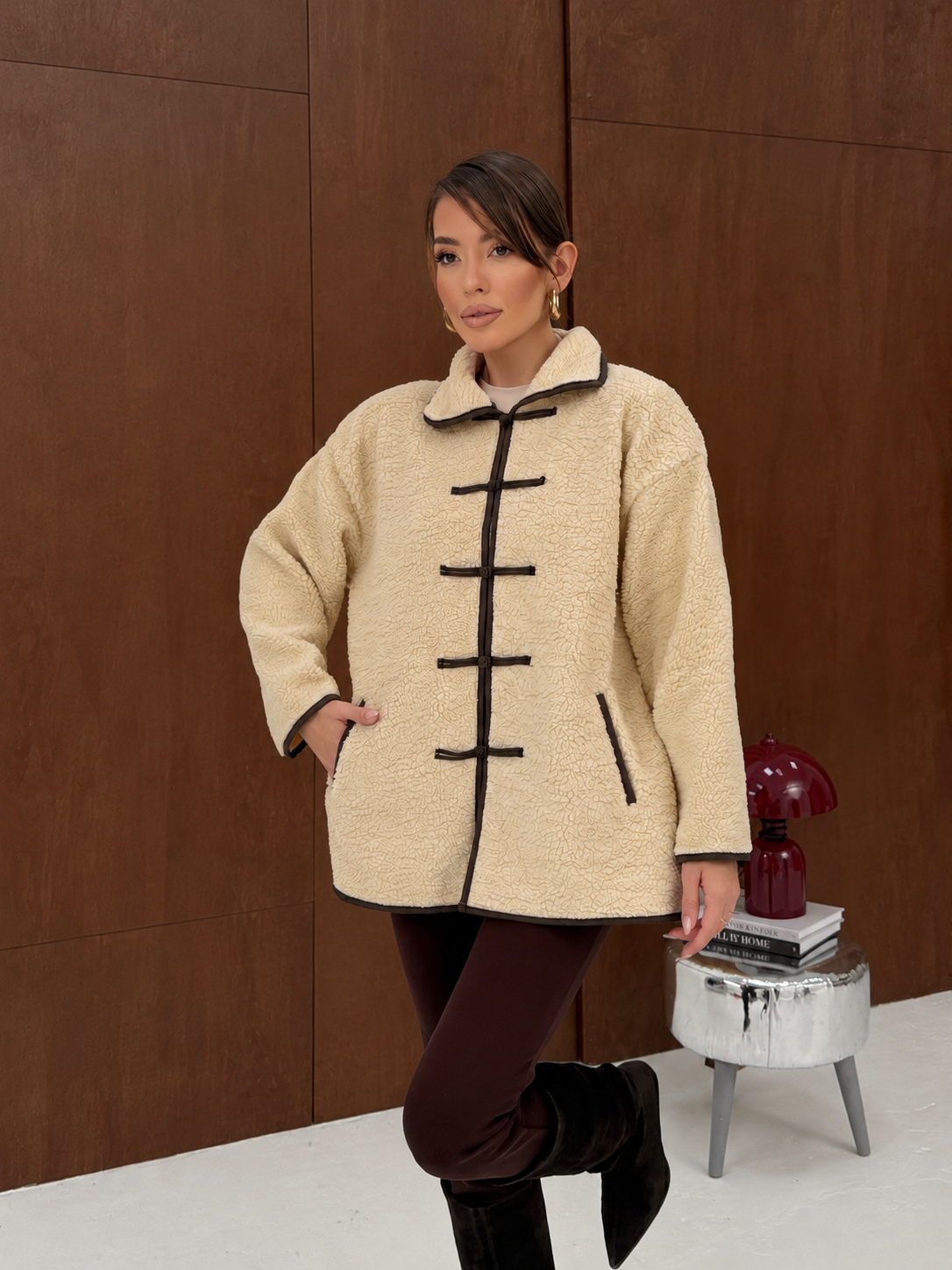 Desenli Dik Yaka Peluş Ceket / Kürk 0252 Desen-2