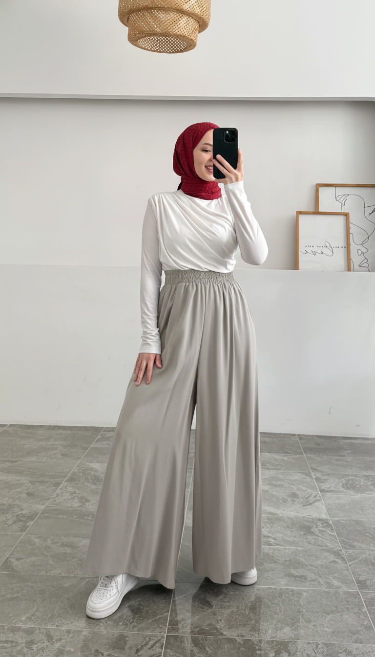 Beli Lastikli Geniş Paça Modal Etekli Pantolon 8809 - Açık Gri