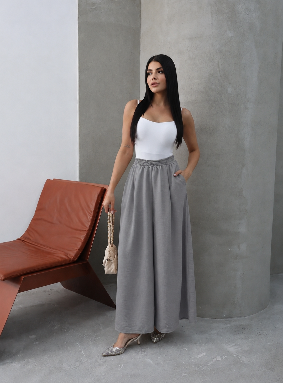 Hatun Atila Filamlı Keten Etekli Pantolon 8826 Gri