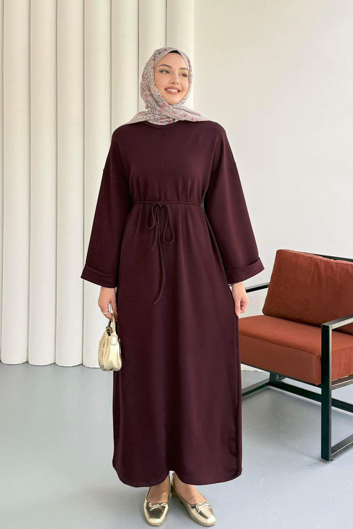 Bisiklet yaka Bel Bağlamalı Uzun Oysho Tunik Elbise 8904 - Bordo