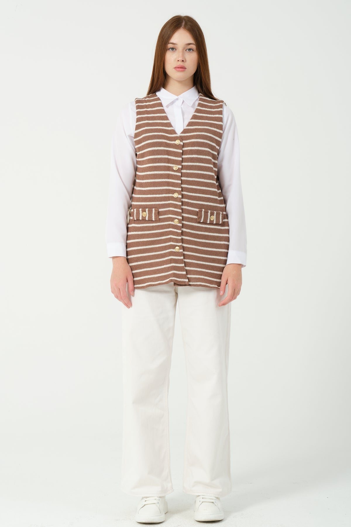 HatunAtila Çizgili Triko Yelek 7707 Kahverengi