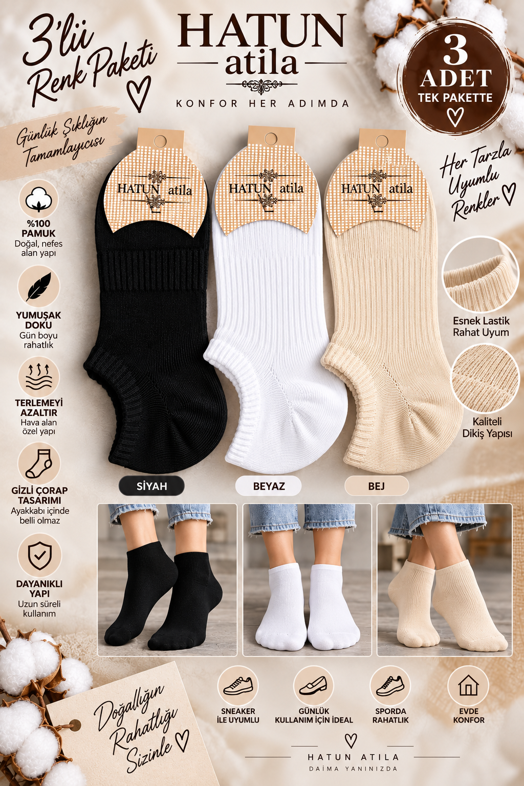 Unisex Fitilli Pamuklu Gizli Sneaker Çorabı 3’lü Renk Paketi (Siyah, Beyaz, Bej) 16002