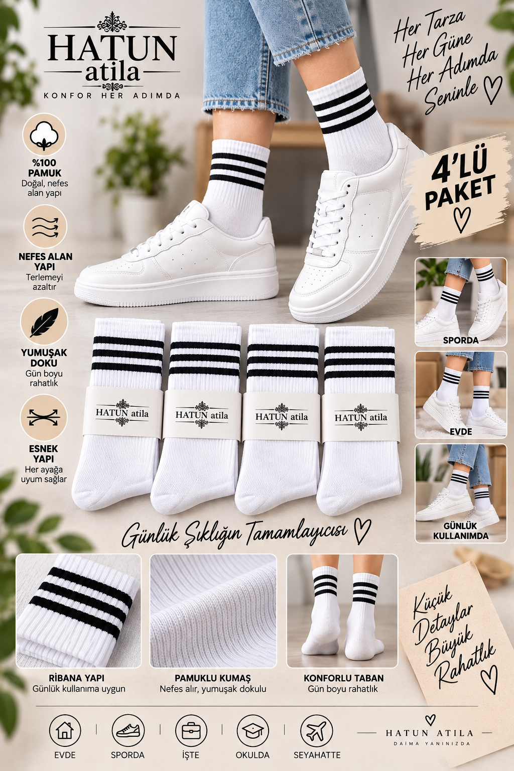 Unisex Çizgili Pamuklu Beyaz Tenis Çorap Seti 4’lü Ekonomik Paket Beyaz 16005