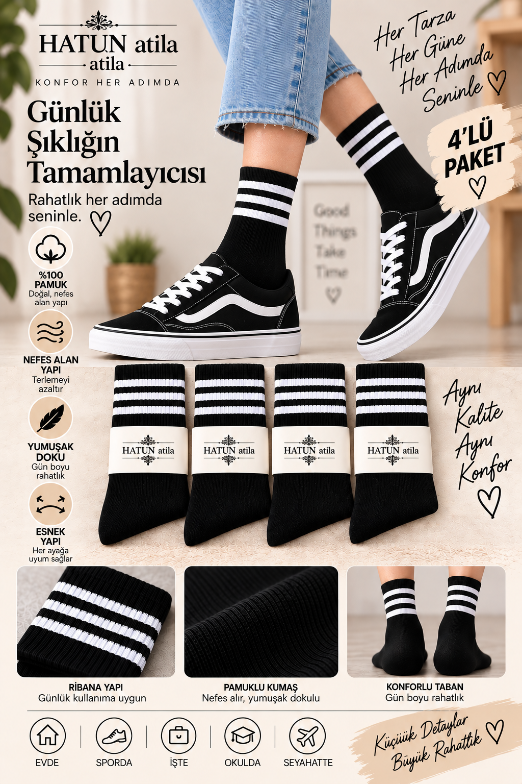 Unisex Çizgili Pamuklu Beyaz Tenis Çorap Seti 4’lü Ekonomik Paket Siyah 16005