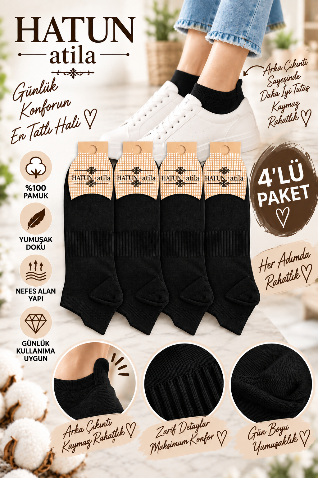 Unisex Topuk Kulakçıklı Pamuklu Sneaker Çorap Seti 4’lü Paket Siyah 16006