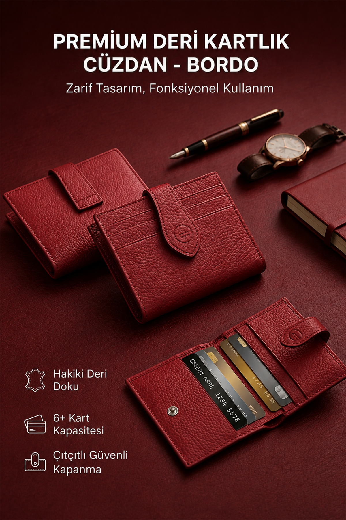 %100 Hakiki Deri Lacivert Çıtçıtlı Çoklu Kart Bölmeli Kağıt Para Bölmeli Erkek / Kadın Cüzdan Kartlık Bordo