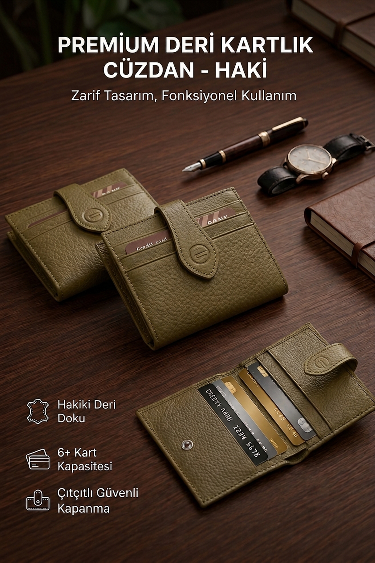%100 Hakiki Deri Lacivert Çıtçıtlı Çoklu Kart Bölmeli Kağıt Para Bölmeli Erkek / Kadın Cüzdan Kartlık Bordo Haki
