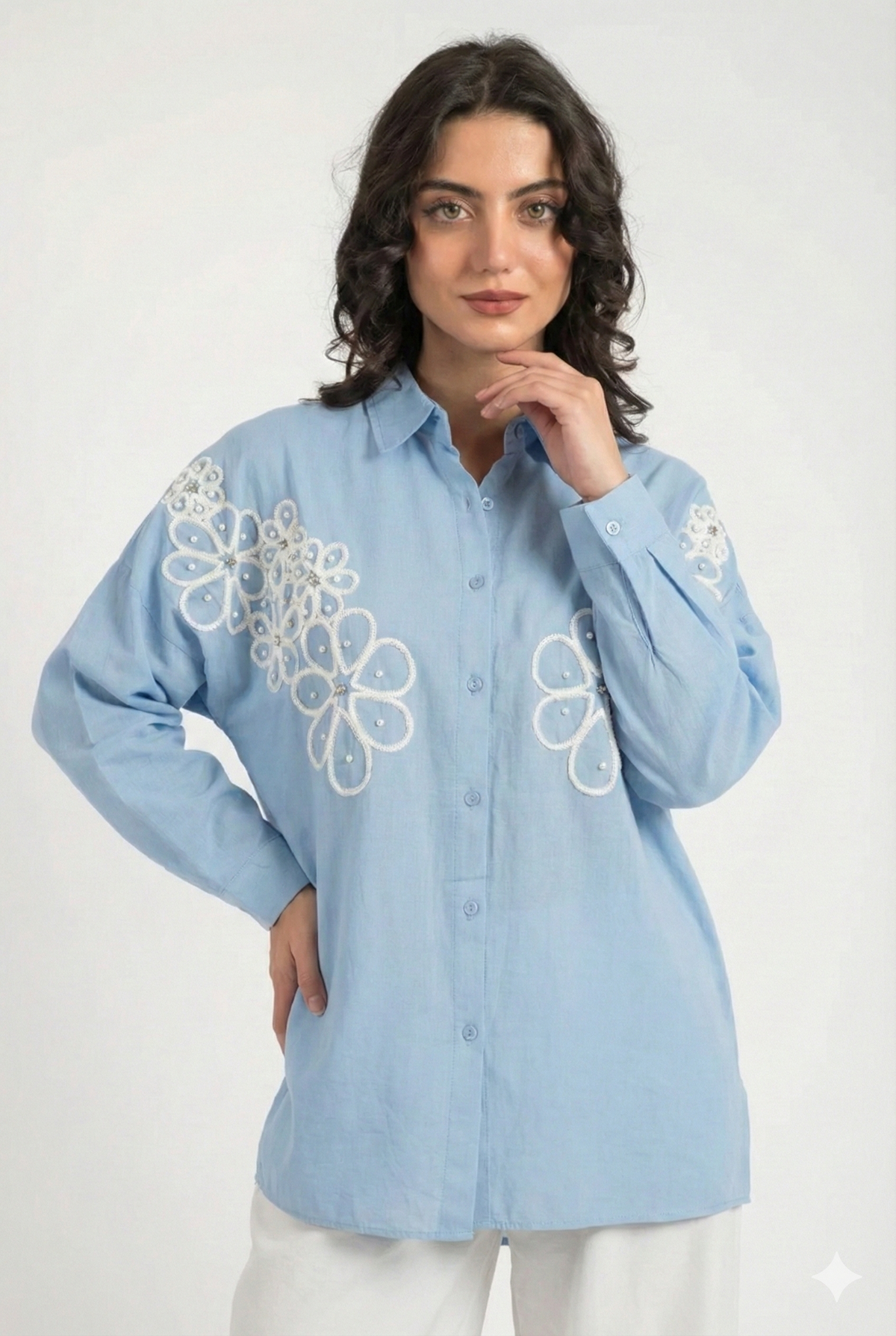 Hatun Atila Kadın Süzene Çiçek İşlemeli Taş Ve İnci Detaylı Gömlek 8728 - Açık Mavi