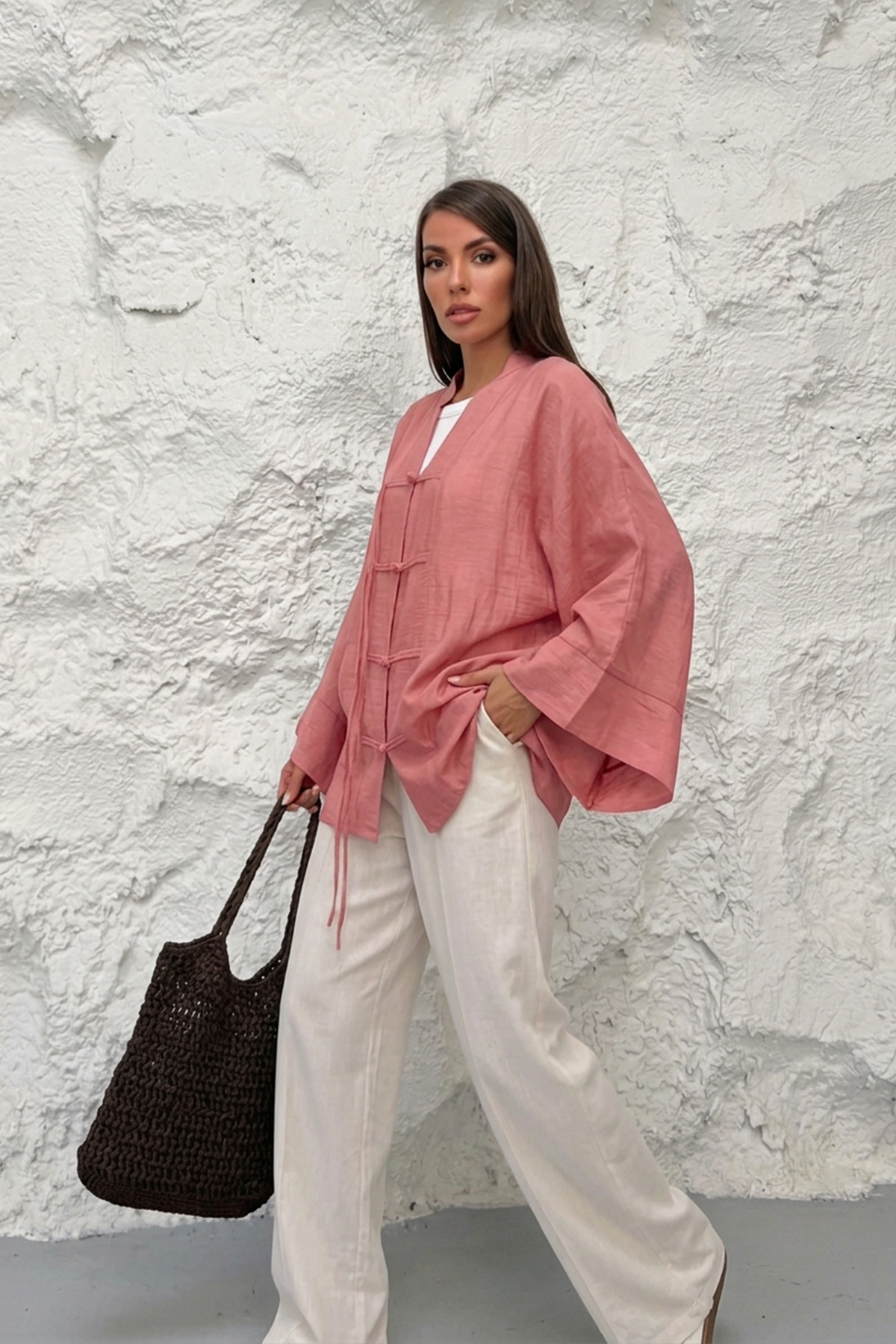 Kadın Hakim Yaka Brit Düğmeli Saçak Detaylı Geniş Kol Ceket Kimono 0133 - Gül Kurusu