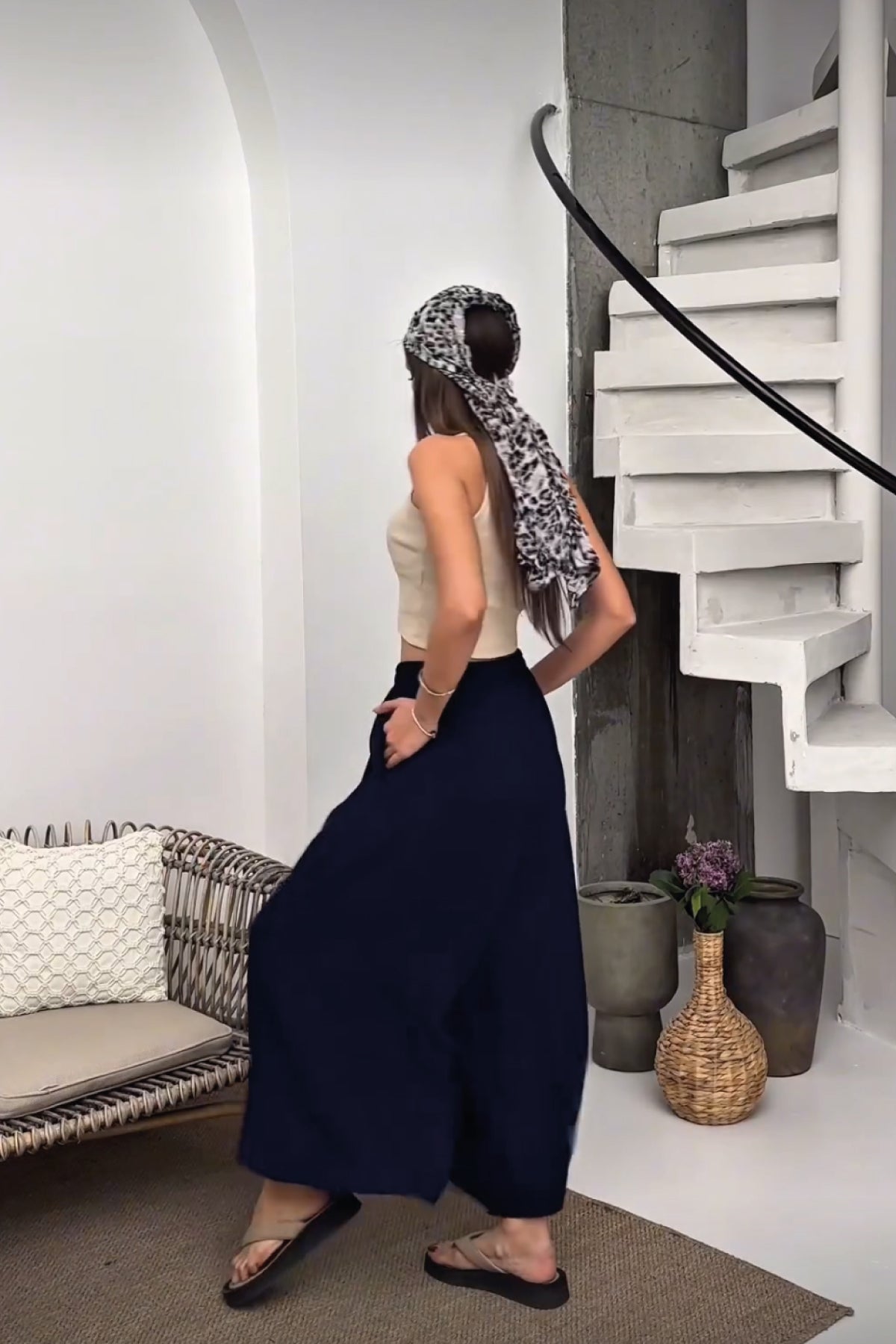 Beli Lastikli Geniş Kesim Kloş Double Krep Pantolon Etek 5187 - Lacivert