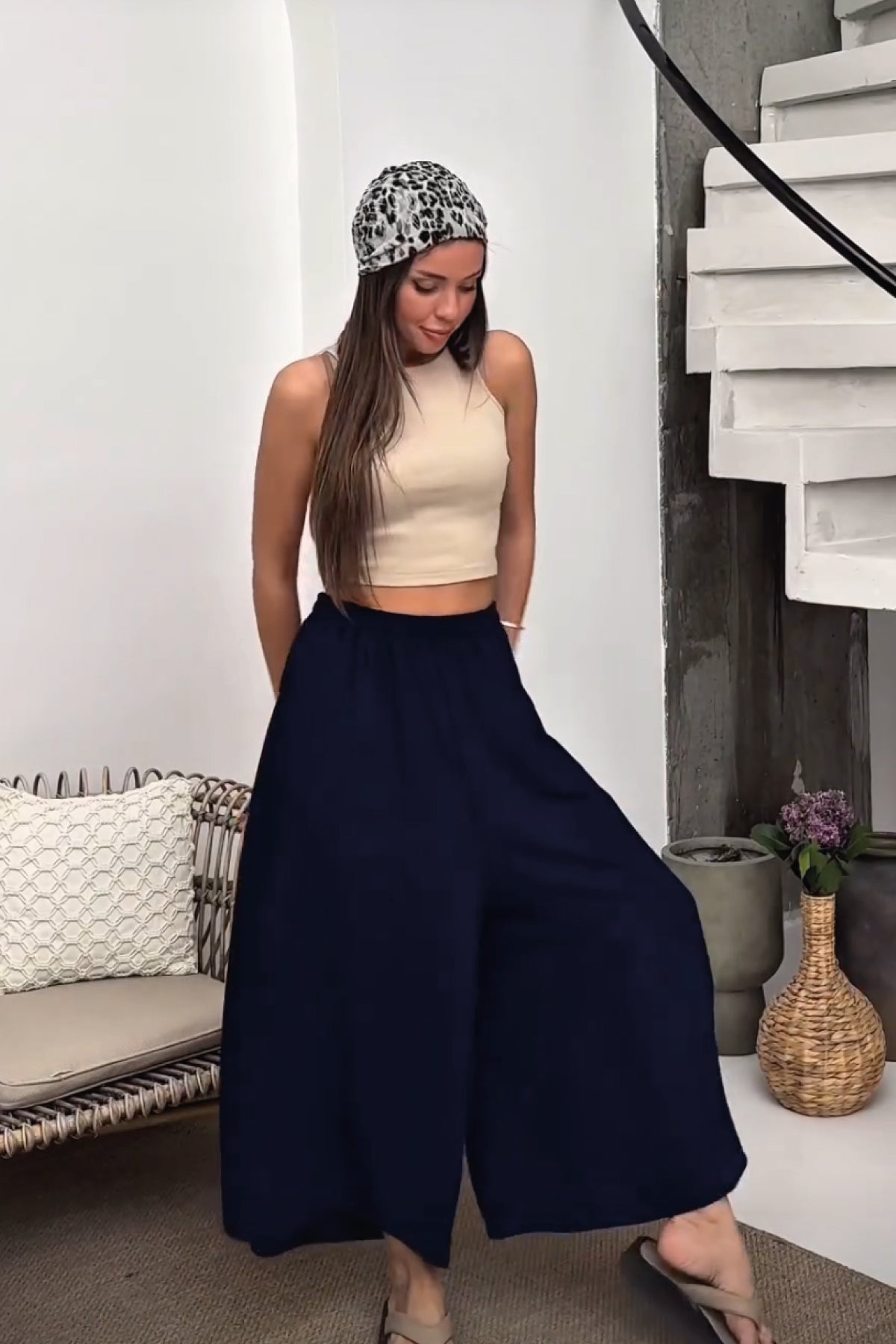 Beli Lastikli Geniş Kesim Kloş Double Krep Pantolon Etek 5187 - Lacivert
