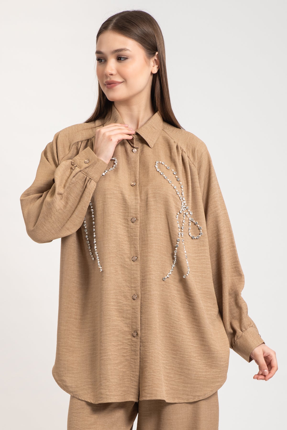 Hatun Atila Kadın İnci Ve Taş İşlemeli İkili Takım 8759 - Vizon