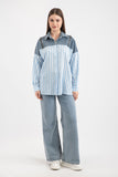 Hatun Atila Omuzu Fermuar Deyatlı Kot Garnili Çizgili Gömlek 8754 - Mavi
