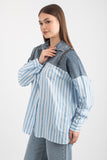 Hatun Atila Omuzu Fermuar Deyatlı Kot Garnili Çizgili Gömlek 8754 - Mavi