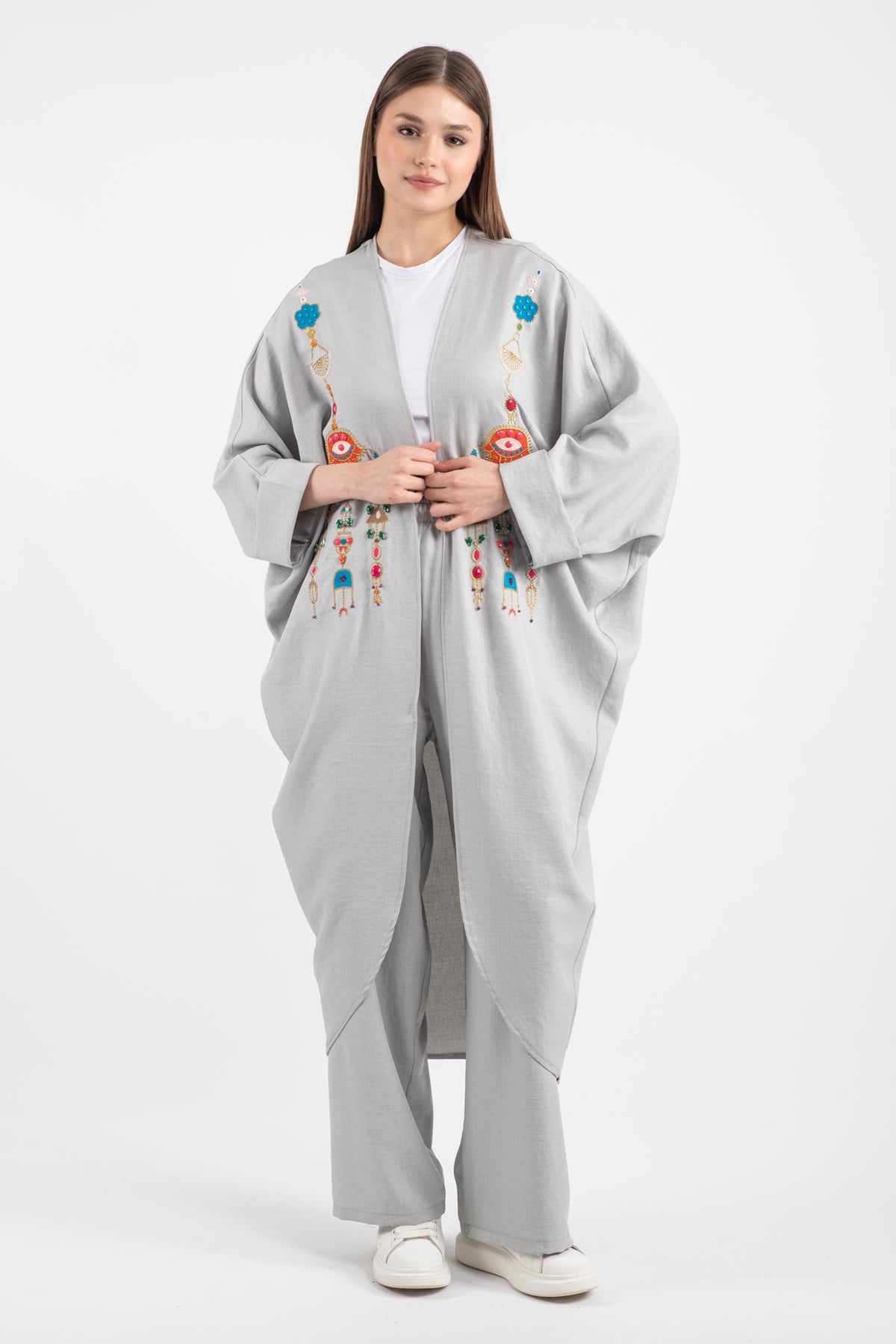 Hatun Atila Kadın Oversize El İşlemeli Etnik Taş Ve Pul Nakışlı Kimono Takım Gri - 5150