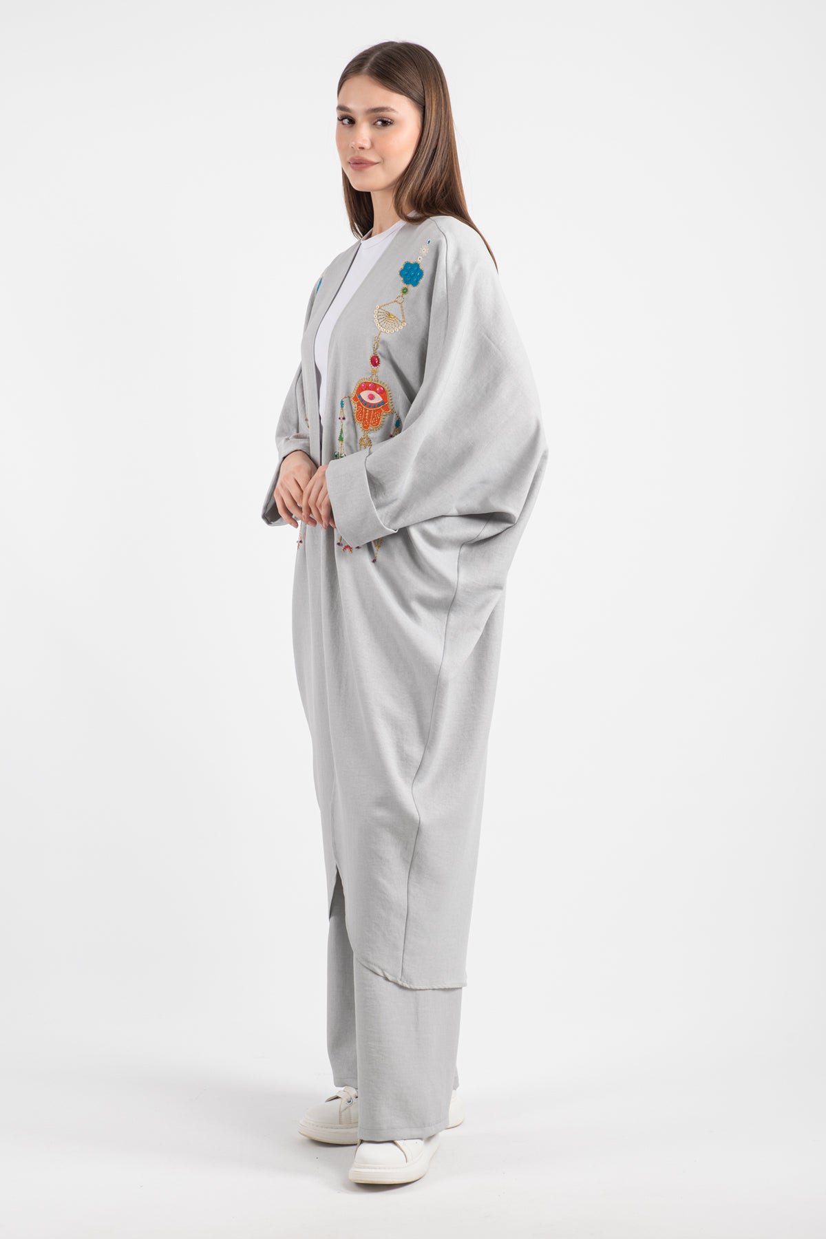 Hatun Atila Kadın Oversize El İşlemeli Etnik Taş Ve Pul Nakışlı Kimono Takım Gri - 5150