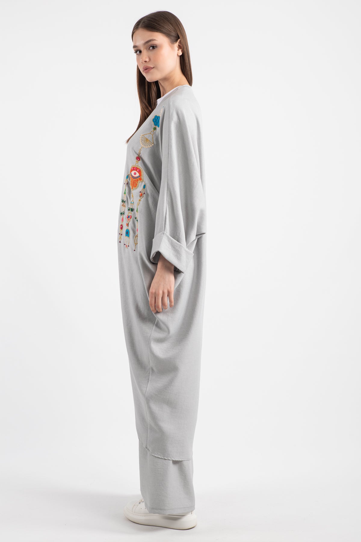 Hatun Atila Kadın Oversize El İşlemeli Etnik Taş Ve Pul Nakışlı Kimono Takım Gri - 5150