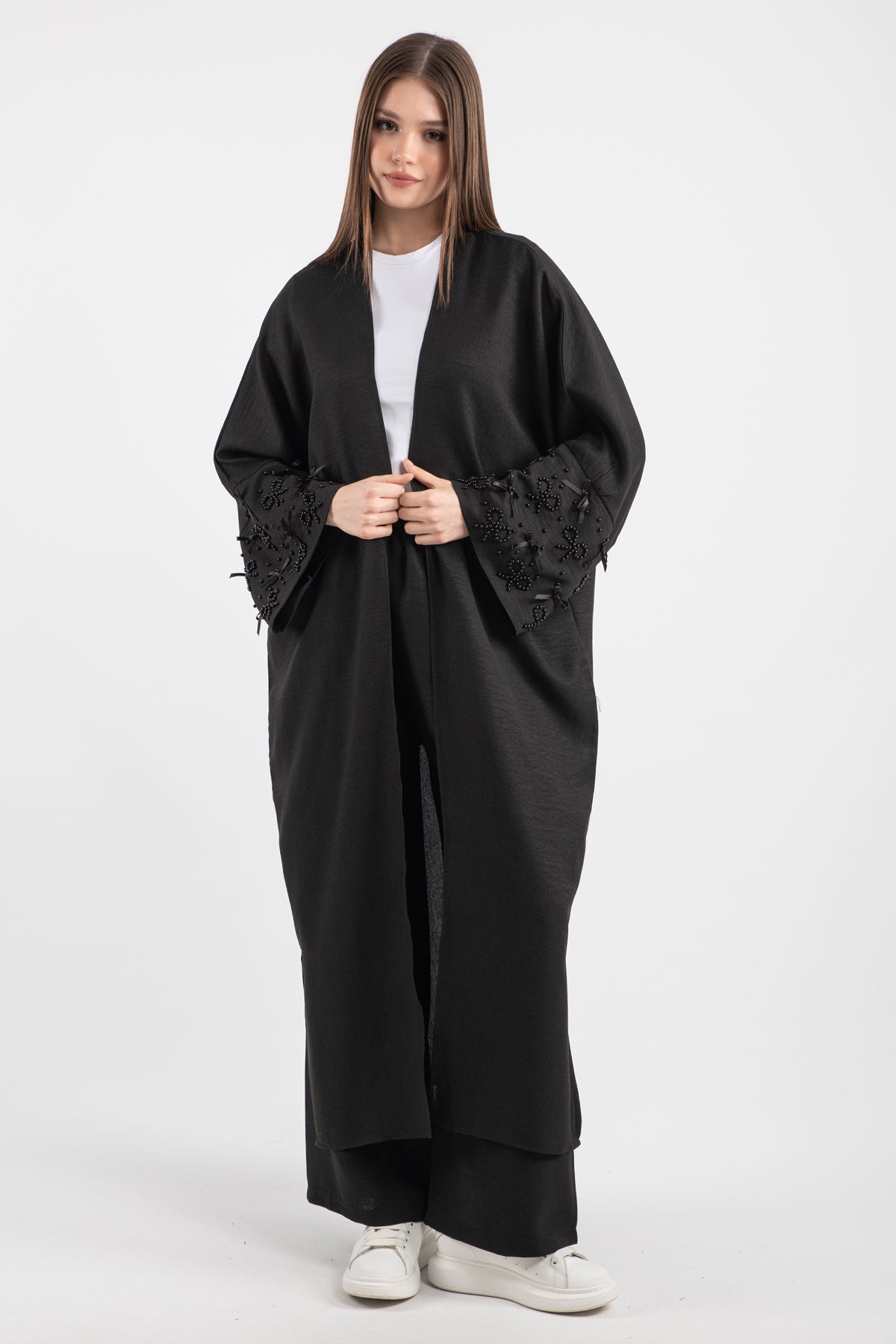 Boncuk ve Kurdele Detaylı Uzun Kimono Pantolonlu Takım 5149 - Siyah