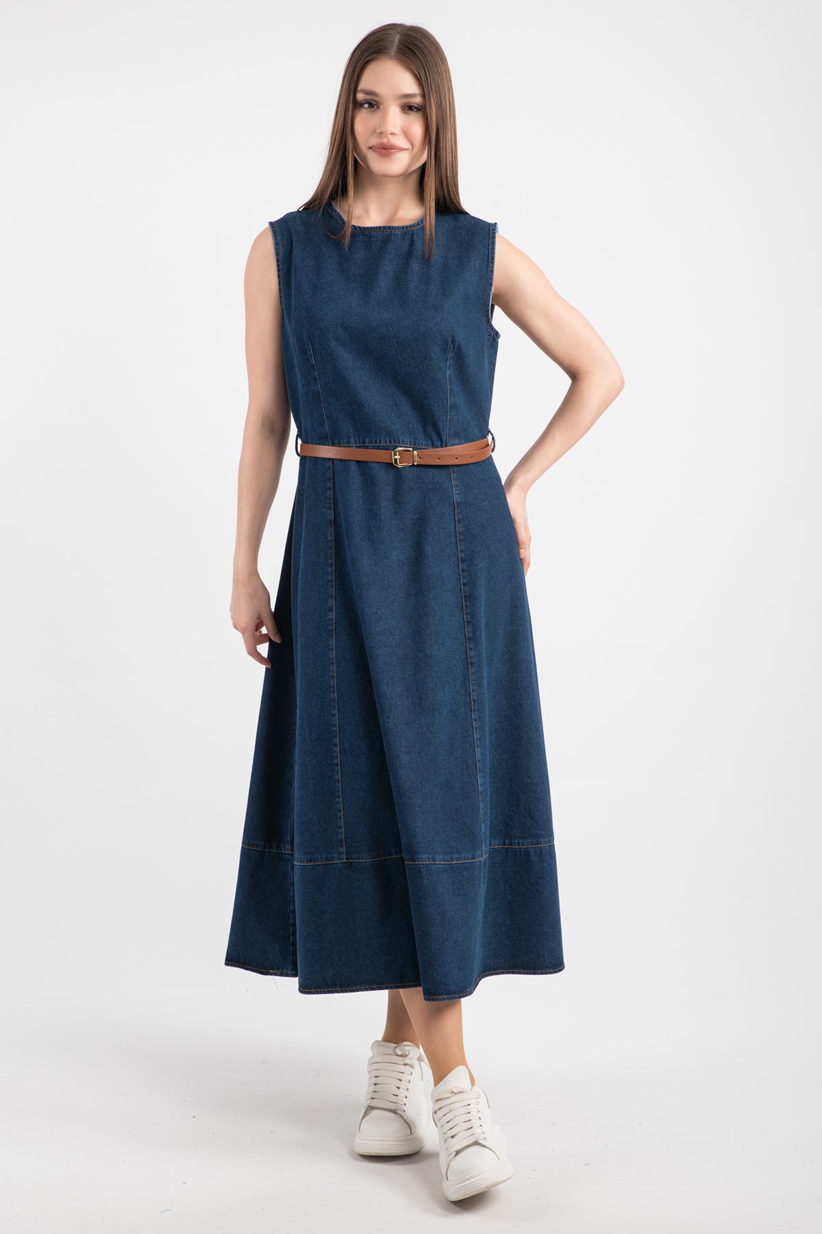 Denim Kolsuz Kemerli Midi Elbise 8743 - Lacivert