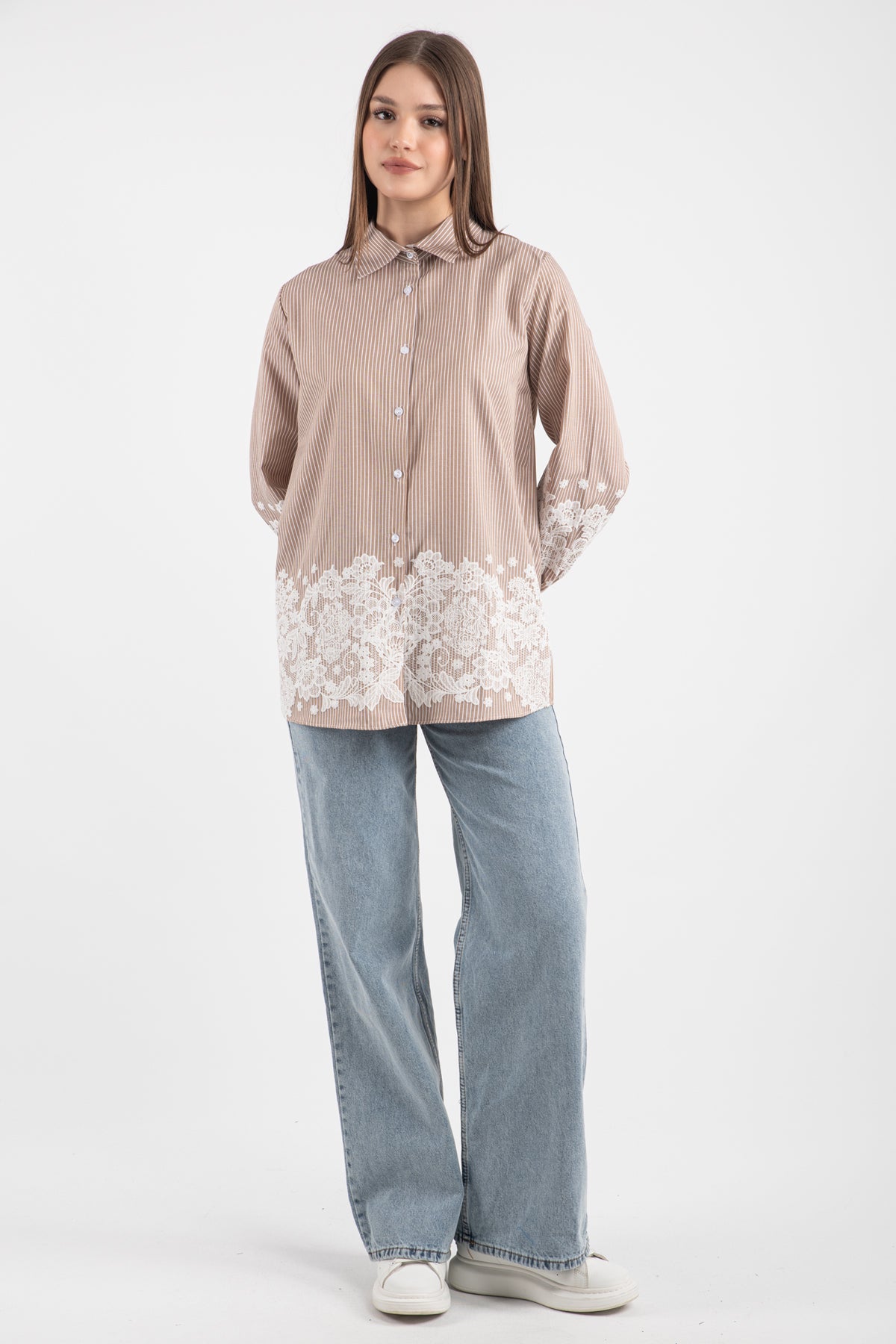 Çizgili Dantel Detaylı Uzun Gömlek 8762 - Vizon