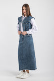 Eskitme Detaylı Denim Yelek ve Uzun Denim Etekli İkili Takım
