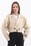 Oversize Kısa Kruvaze Kesim Kemerli Trençkot 7701 - Krem