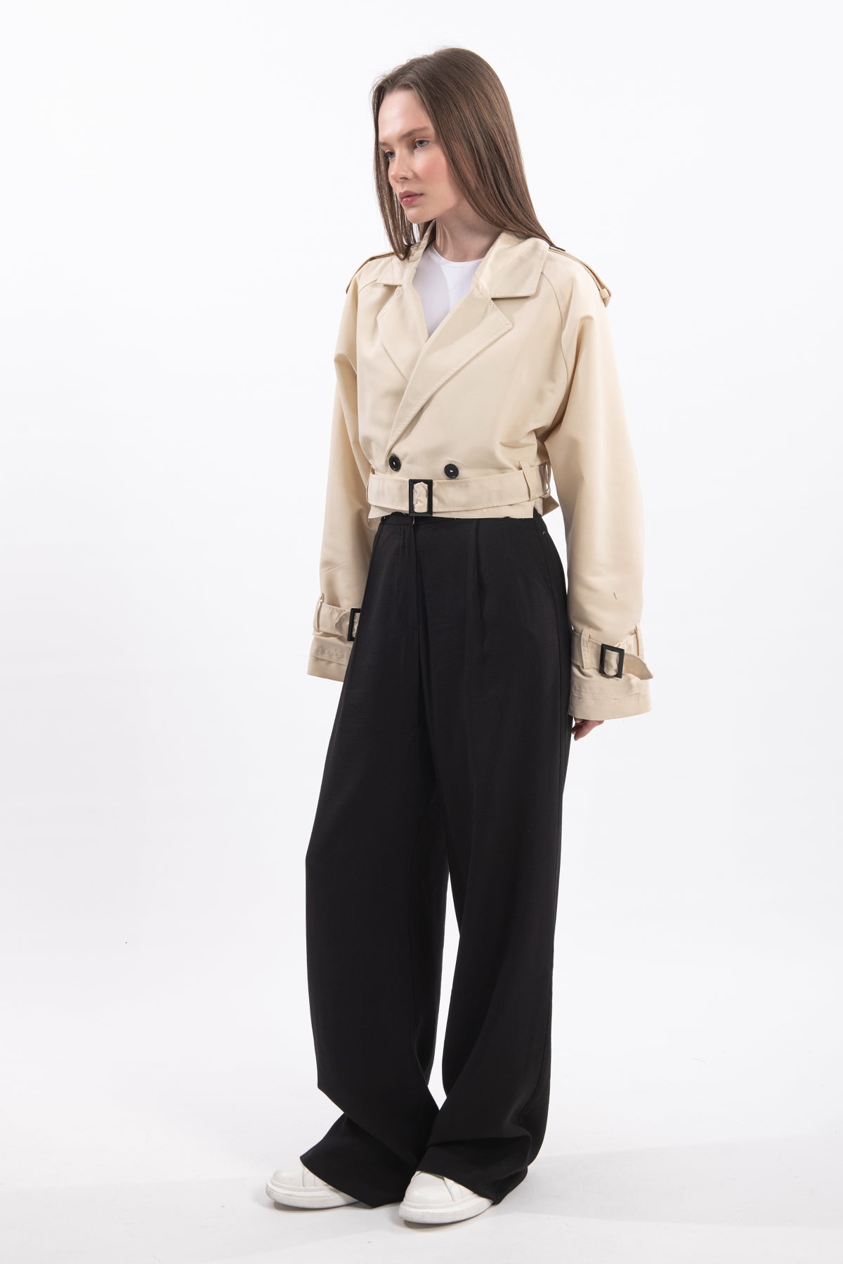 Oversize Kısa Kruvaze Kesim Kemerli Trençkot 7701 - Krem